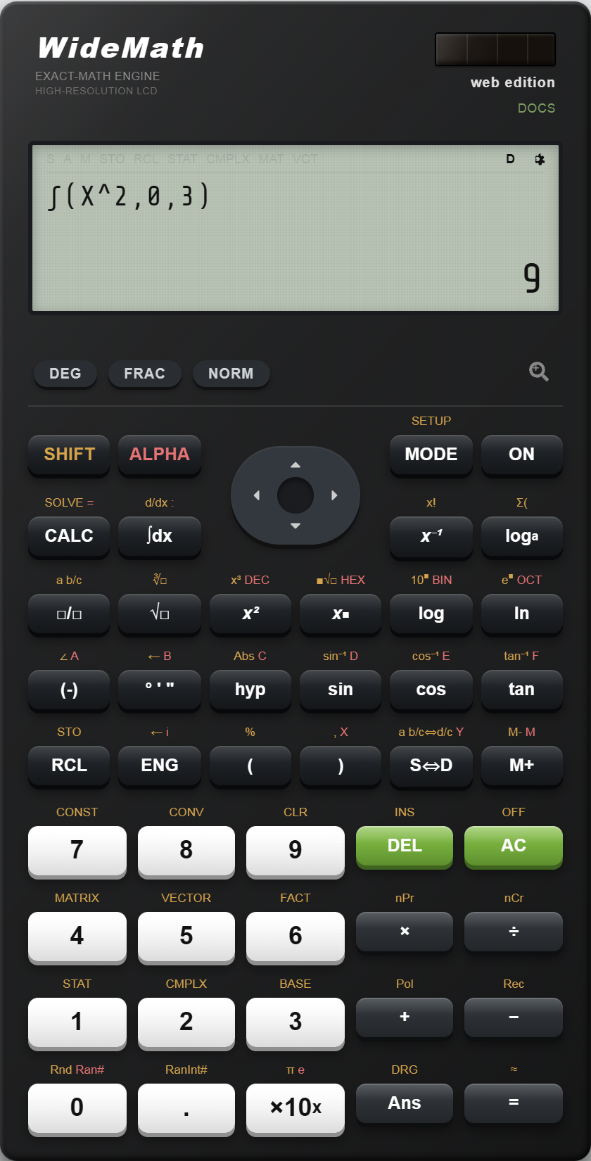 Free online scientific calculator: the display shows the definite integral ∫(X², 0, 3) evaluating to 9, above the full keypad with SHIFT, ALPHA and the MODE keys for COMP, CMPLX, STAT, BASE-N, MATRIX, VECTOR, TABLE and EQN.